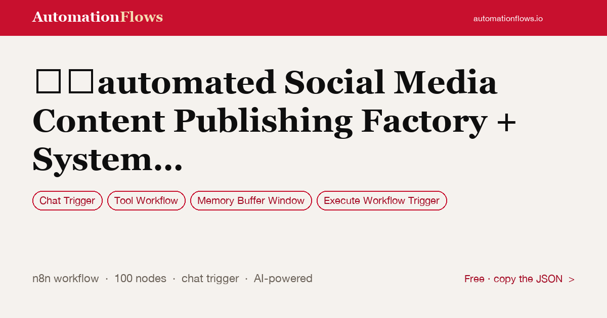 Automated Social Media Content Publisher — n8n workflow card showing Chat Trigger, Tool Workflow, Memory Buffer Window integration
