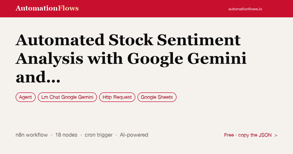 Stock Sentiment Analysis with Google Gemini — n8n workflow card showing Agent, Google Gemini Chat, HTTP Request integration
