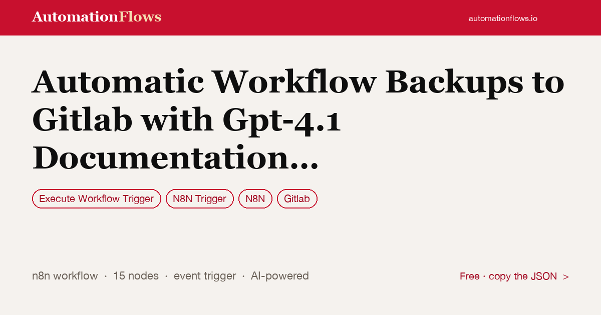 Automatic Workflow Backups to Gitlab with Gpt-4.1 Documentation Generation — n8n workflow card showing Execute Workflow Trigger, N8N Trigger, n8n integration