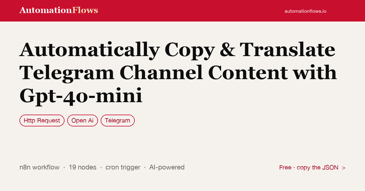 Automatically Copy & Translate Telegram Channel Content with Gpt-4o-mini — n8n workflow card showing HTTP Request, OpenAI, Telegram integration
