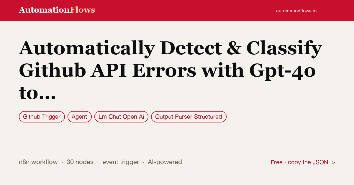 Automatically Detect & Classify Github API Errors with Gpt-4o to Airtable,… — n8n workflow card showing Github Trigger, Agent, OpenAI Chat integration