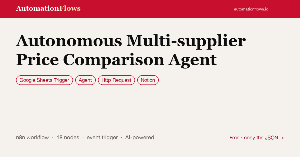 Autonomous Multi-supplier Price Comparison Agent — n8n workflow card showing Google Sheets Trigger, Agent, HTTP Request integration