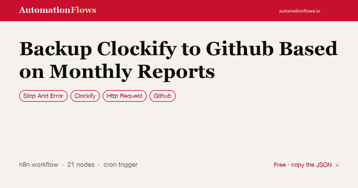 Backup Clockify to Github Based on Monthly Reports — n8n workflow card showing Stop And Error, Clockify, HTTP Request integration