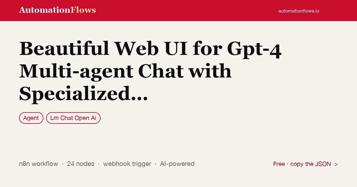 GPT-4 Multi-agent Chat Web UI — n8n workflow card showing Agent, OpenAI Chat integration