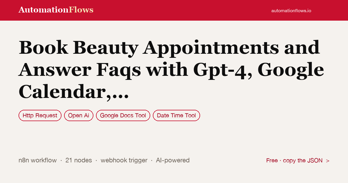 Book Beauty Appointments and Answer Faqs with Gpt-4, Google Calendar, Gmail,… — n8n workflow card showing HTTP Request, OpenAI, Google Docs Tool integration