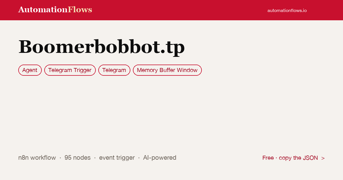 Boomerbobbot.tp — n8n workflow card showing Agent, Telegram Trigger, Telegram integration