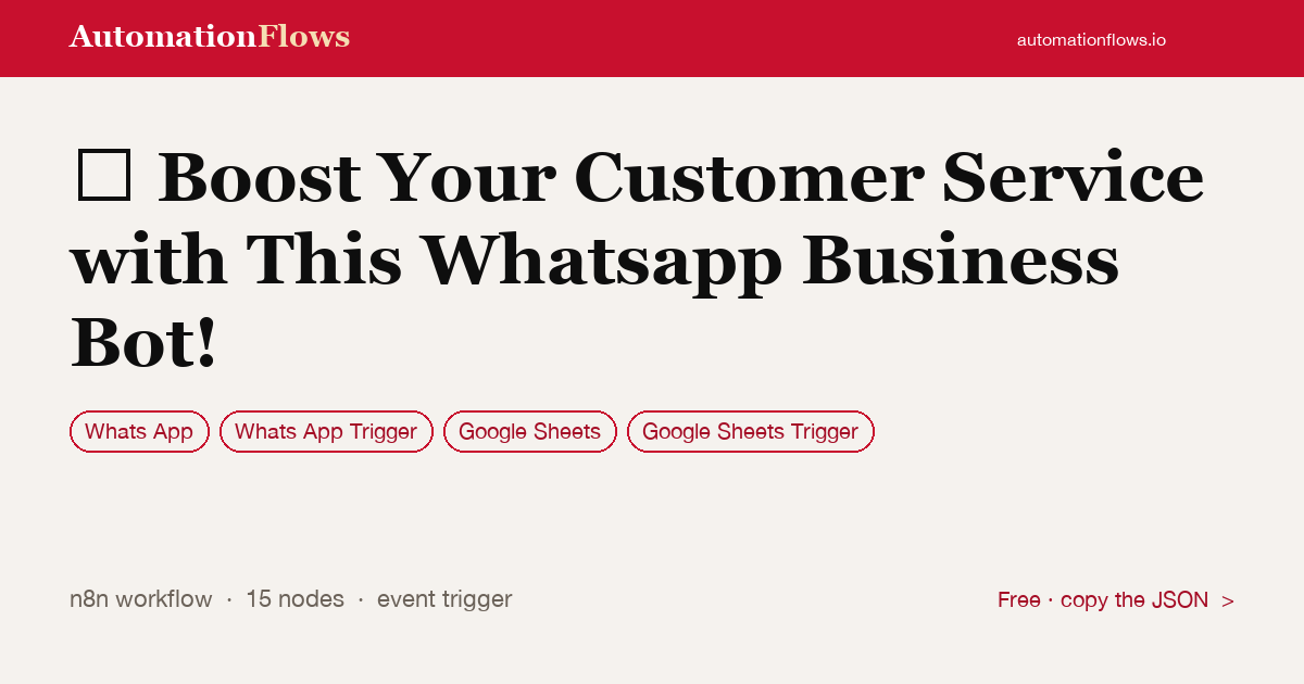 Boost Your Customer Service with This Whatsapp Business Bot! — n8n workflow card showing WhatsApp, WhatsApp Trigger, Google Sheets integration