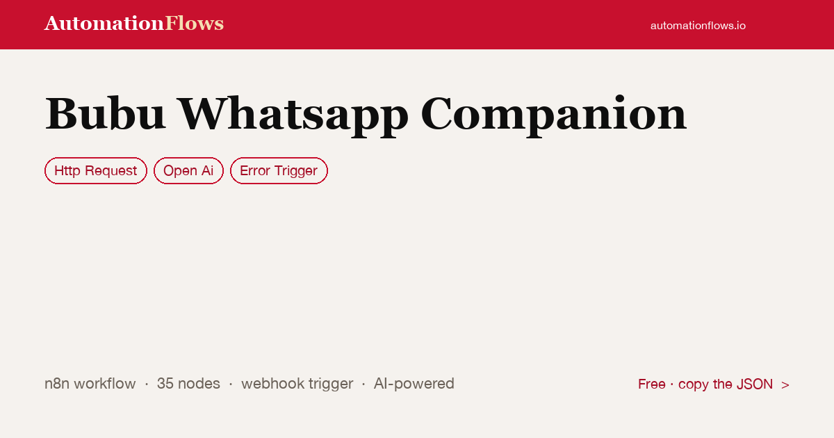 Bubu Whatsapp Companion — n8n workflow card showing HTTP Request, OpenAI, Error Trigger integration