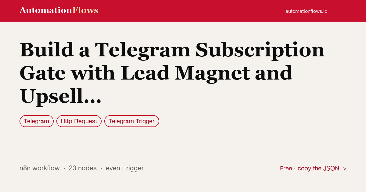 Build a Telegram Subscription Gate with Lead Magnet and Upsell Sequence — n8n workflow card showing Telegram, HTTP Request, Telegram Trigger integration