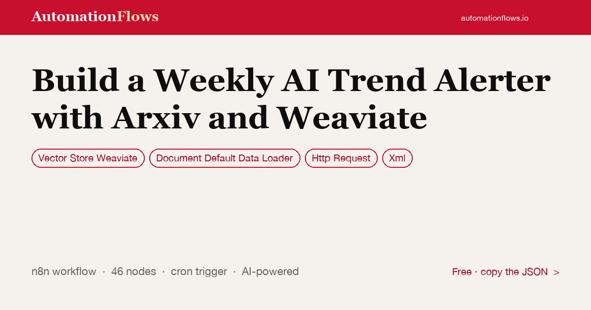 Build a Weekly AI Trend Alerter with Arxiv and Weaviate — n8n workflow card showing Weaviate Vector Store, Document Default Data Loader, HTTP Request integration
