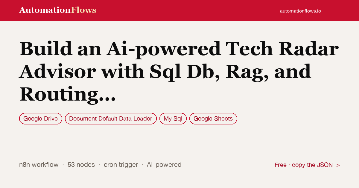 Build an Ai-powered Tech Radar Advisor with Sql Db, Rag, and Routing Agents — n8n workflow card showing Google Drive, Document Default Data Loader, MySQL integration