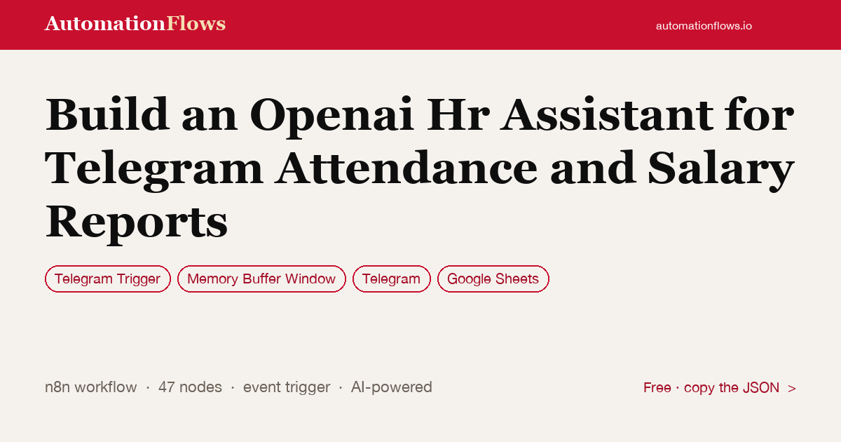 Build an Openai Hr Assistant for Telegram Attendance and Salary Reports — n8n workflow card showing Telegram Trigger, Memory Buffer Window, Telegram integration