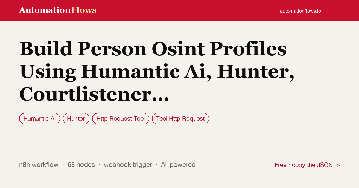 Build Person Osint Profiles Using Humantic Ai, Hunter, Courtlistener and Gpt-5 — n8n workflow card showing Humantic Ai, Hunter, HTTP Request Tool integration