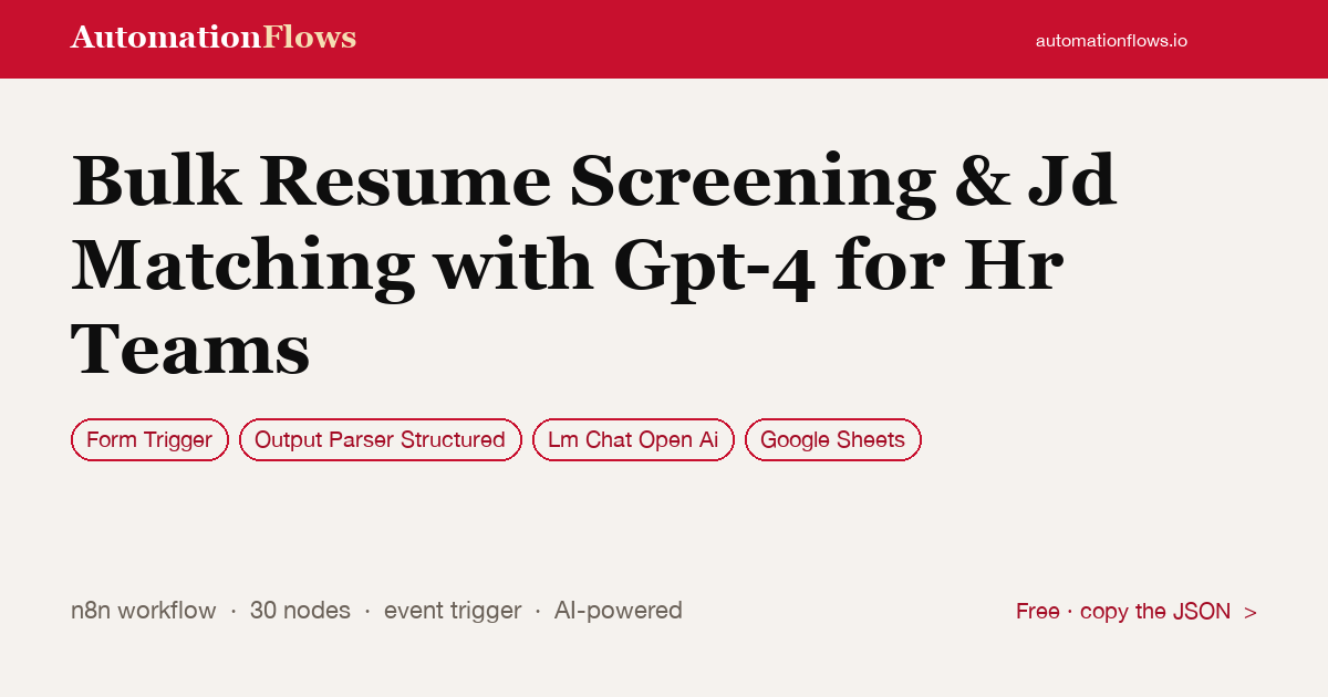 Bulk Resume Screening & Jd Matching with Gpt-4 for Hr Teams — n8n workflow card showing Form Trigger, Output Parser Structured, OpenAI Chat integration