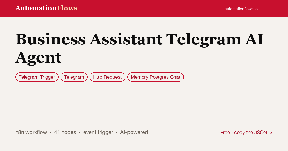 Business Assistant Telegram AI Agent — n8n workflow card showing Telegram Trigger, Telegram, HTTP Request integration