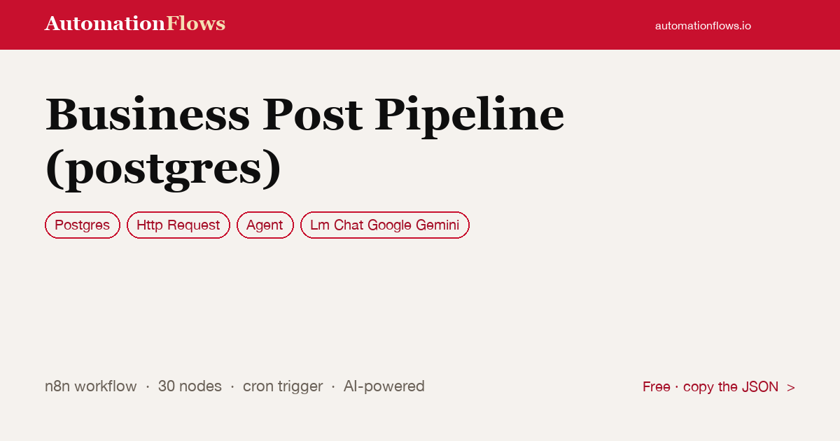 Business Post Pipeline (postgres) — n8n workflow card showing Postgres, HTTP Request, Agent integration