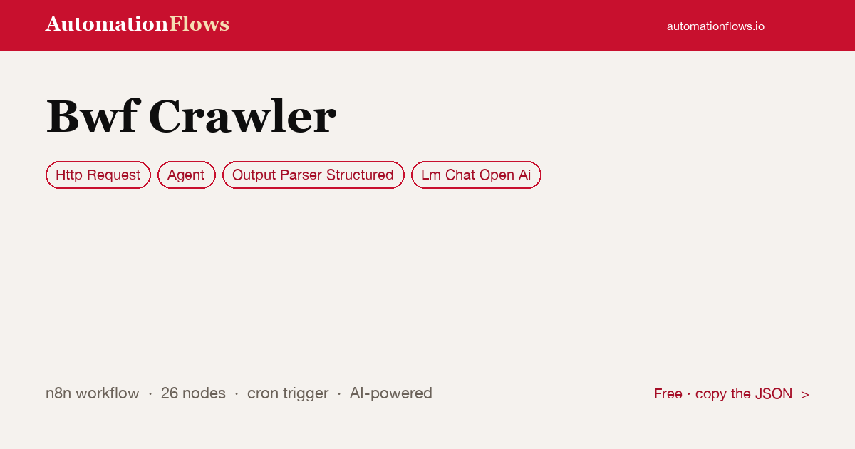 Bwf Crawler — n8n workflow card showing HTTP Request, Agent, Output Parser Structured integration