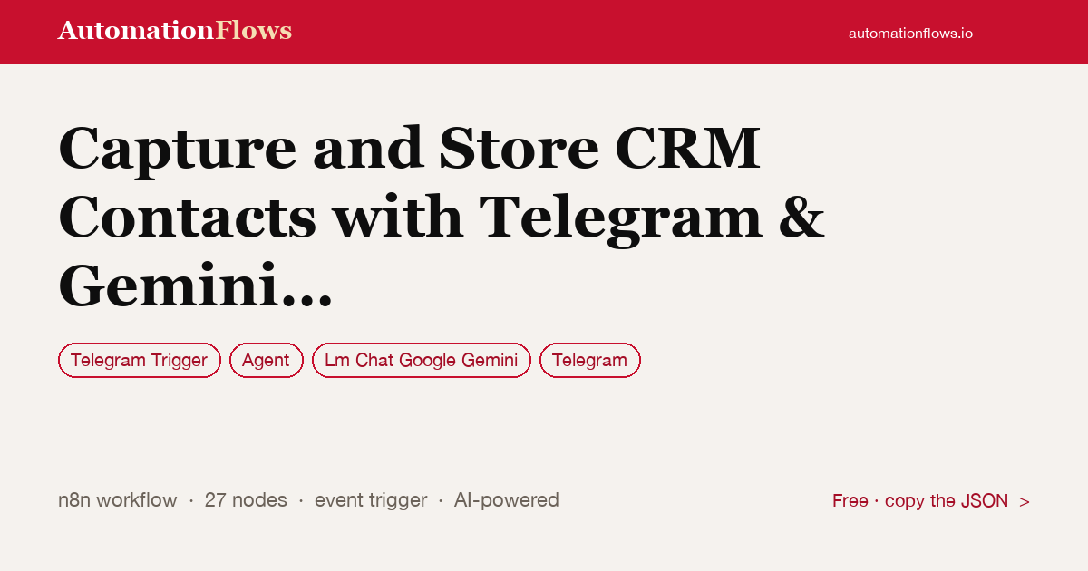 Capture and Store CRM Contacts with Telegram & Gemini AI — n8n workflow card showing Telegram Trigger, Agent, Google Gemini Chat integration
