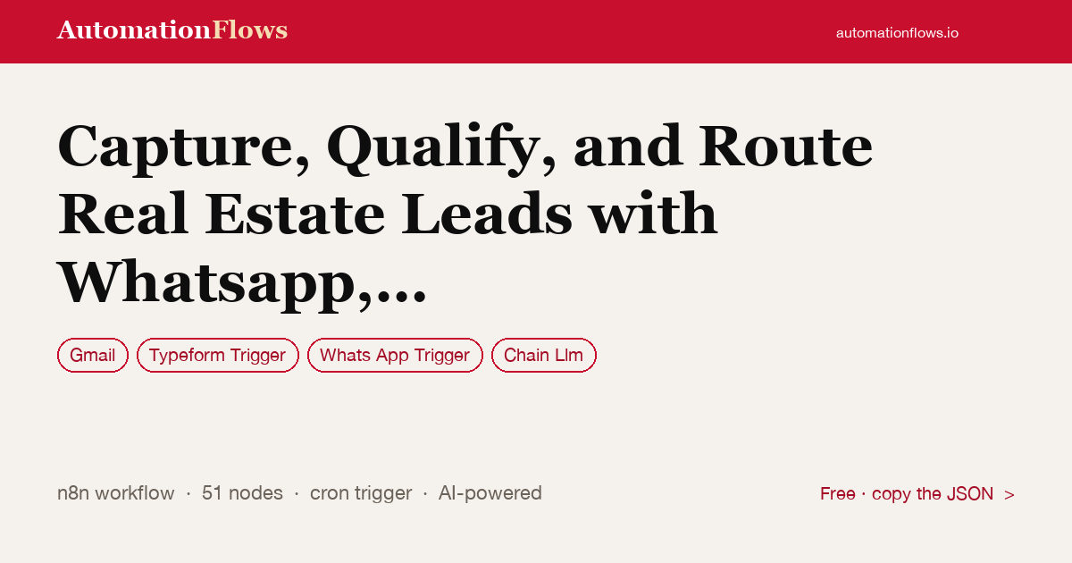 Capture, Qualify, and Route Real Estate Leads with Whatsapp, Typeform,… — n8n workflow card showing Gmail, Typeform Trigger, WhatsApp Trigger integration