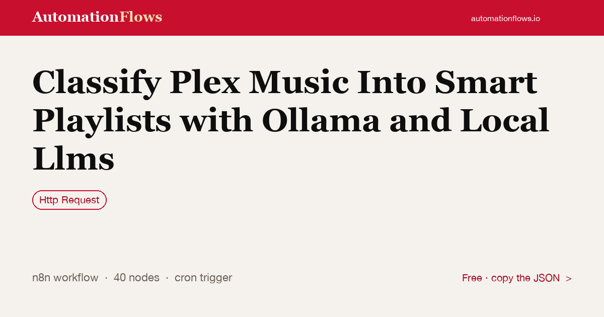 Classify Plex Music Into Smart Playlists with Ollama and Local Llms — n8n workflow card showing HTTP Request integration