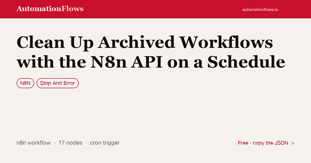 Clean Up Archived Workflows with the N8n API on a Schedule — n8n workflow card showing n8n, Stop And Error integration