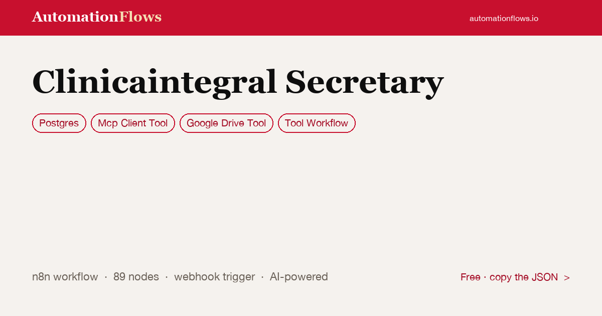 Clinicaintegral Secretary — n8n workflow card showing Postgres, Mcp Client Tool, Google Drive Tool integration