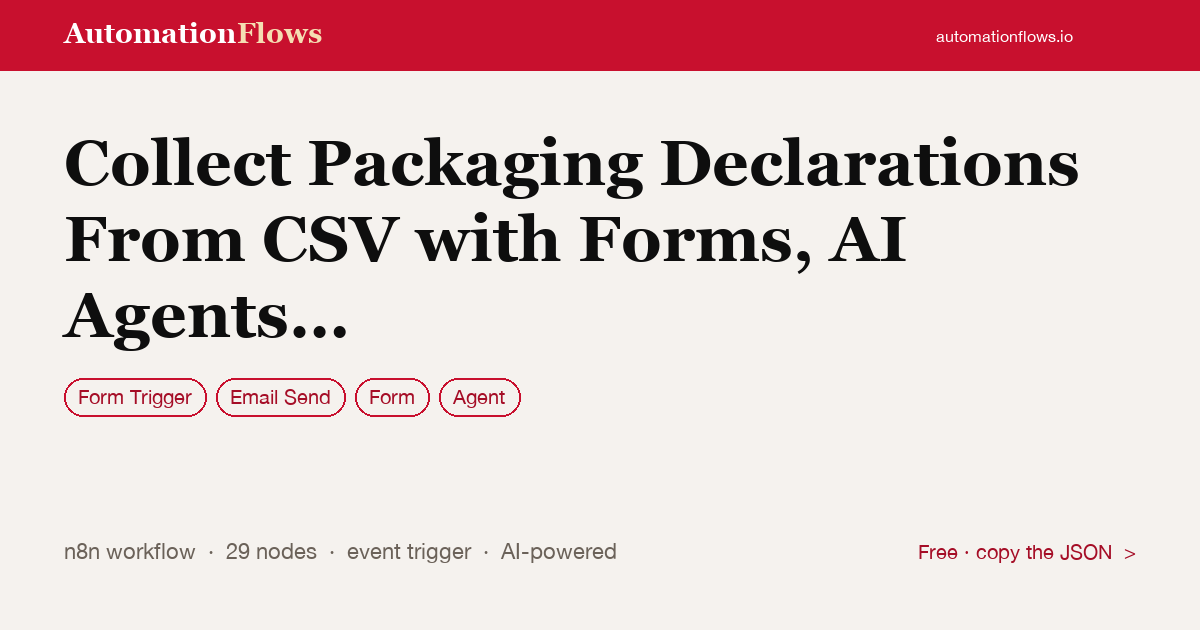 Collect Packaging Declarations From CSV with Forms, AI Agents and Email — n8n workflow card showing Form Trigger, Email Send, Form integration