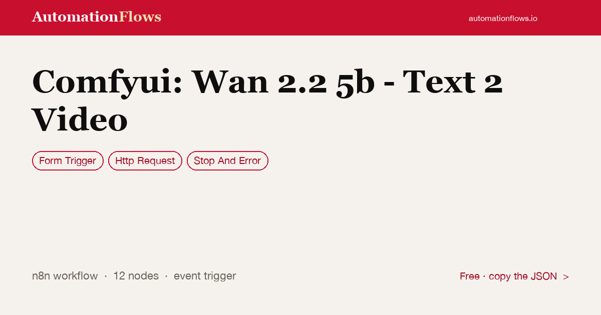Generate Text-to-Video with ComfyUI — n8n workflow card showing Form Trigger, HTTP Request, Stop And Error integration