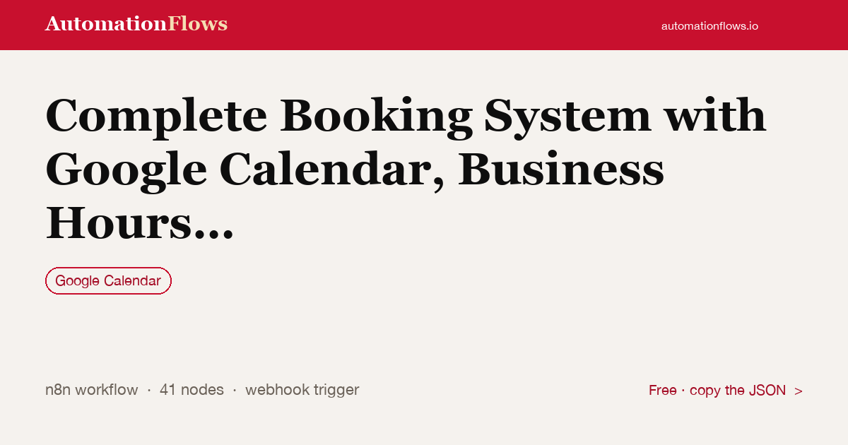 Complete Booking System with Google Calendar, Business Hours & REST API — n8n workflow card showing Google Calendar integration