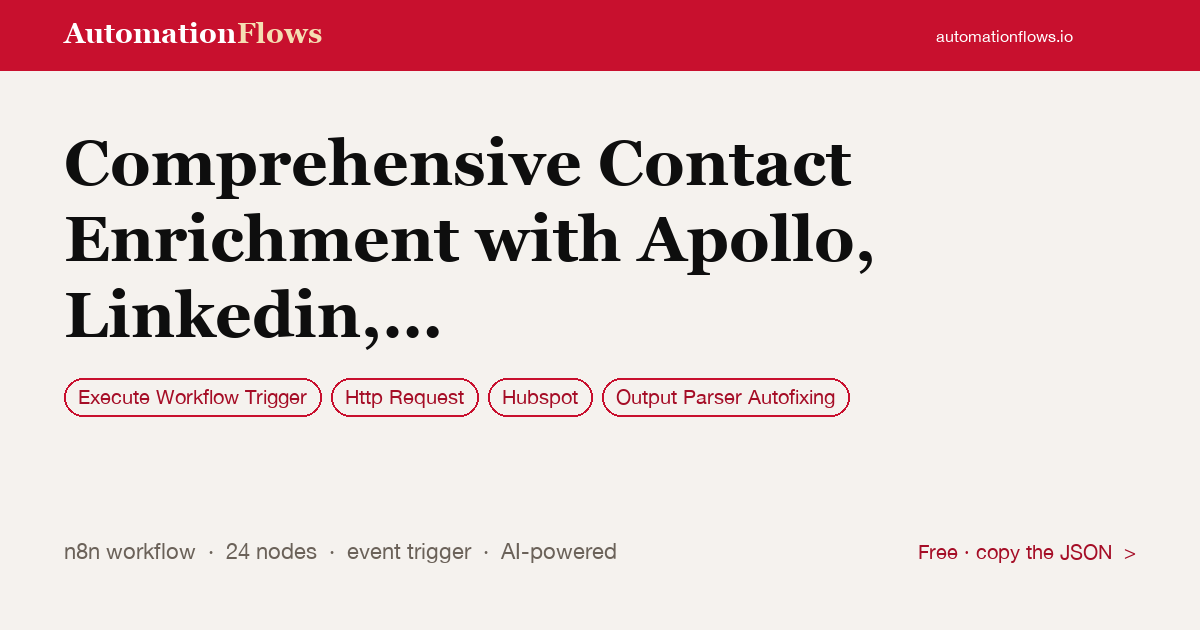 Comprehensive Contact Enrichment with Apollo, Linkedin, and Gpt-4o for Hubspot — n8n workflow card showing Execute Workflow Trigger, HTTP Request, HubSpot integration