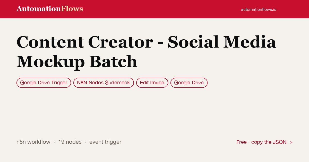 Batch Social Media Mockups from Google Drive — n8n workflow card showing Google Drive Trigger, N8N Nodes Sudomock, Edit Image integration