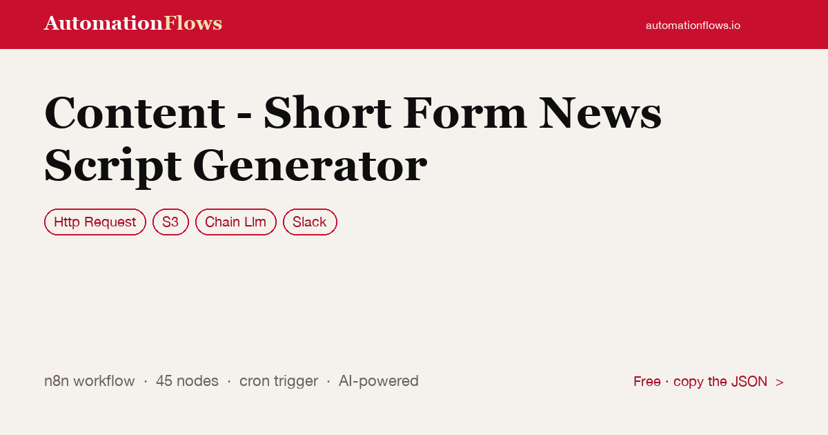 Automated Short Form News Script Generator — n8n workflow card showing HTTP Request, S3, Chain Llm integration