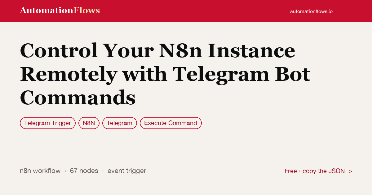 Control Your N8n Instance Remotely with Telegram Bot Commands — n8n workflow card showing Telegram Trigger, n8n, Telegram integration