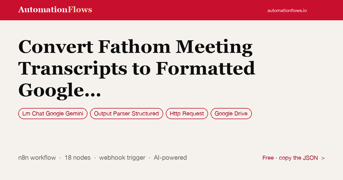 Convert Fathom Meeting Transcripts to Formatted Google Docs with AI Summaries — n8n workflow card showing Google Gemini Chat, Output Parser Structured, HTTP Request integration