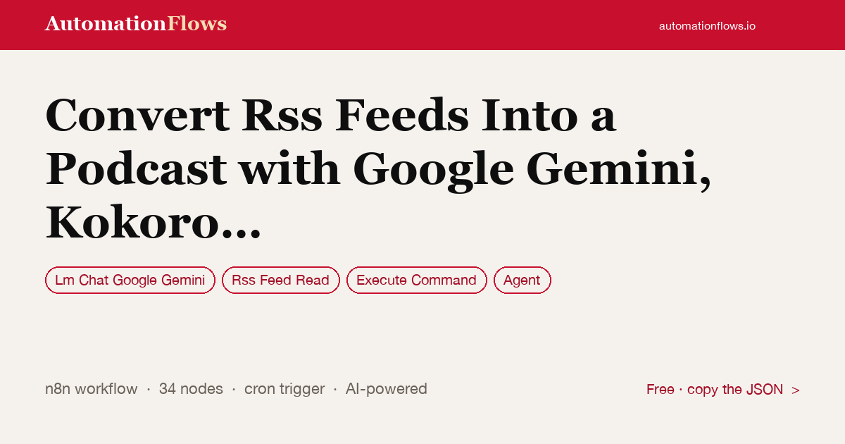 Convert RSS Feeds Into a Podcast with Google Gemini, Kokoro Tts, and Ffmpeg — n8n workflow card showing Google Gemini Chat, RSS Feed Read, Execute Command integration