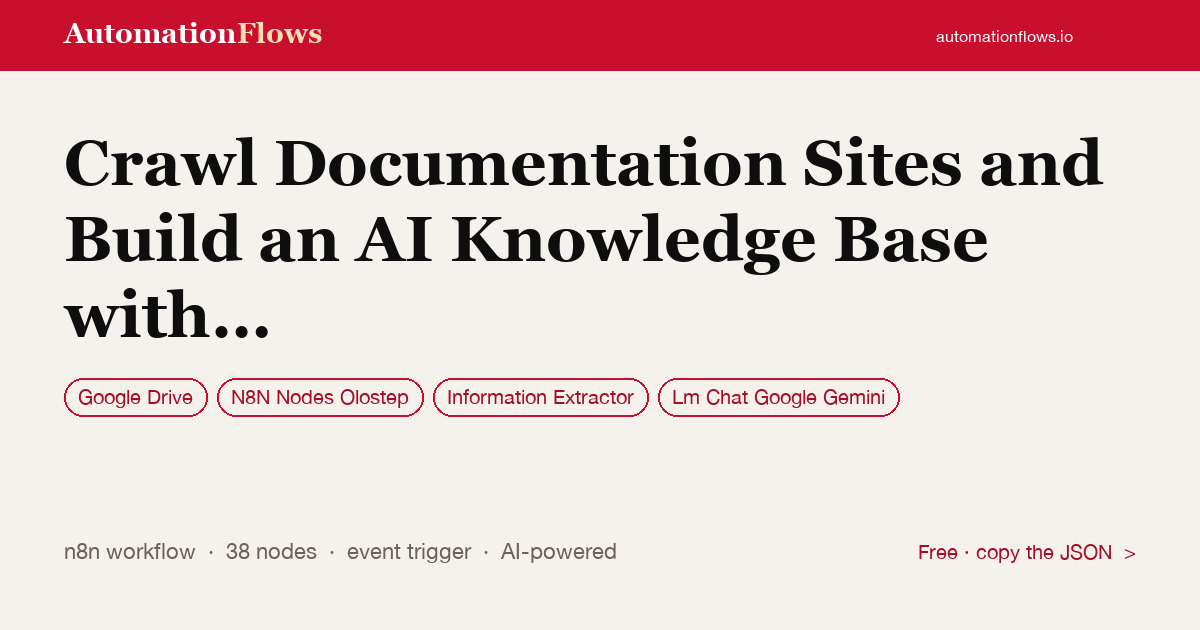 Crawl Documentation Sites and Build an AI Knowledge Base with Olostep — n8n workflow card showing Google Drive, N8N Nodes Olostep, Information Extractor integration