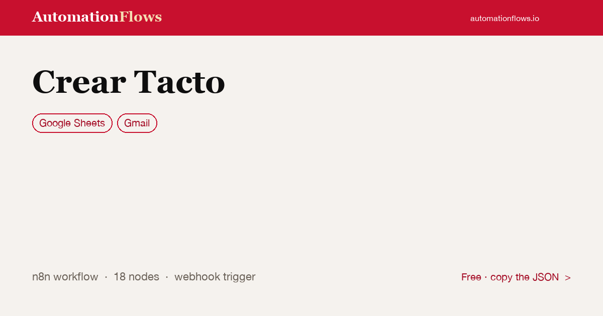 Crear Tacto — n8n workflow card showing Google Sheets, Gmail integration