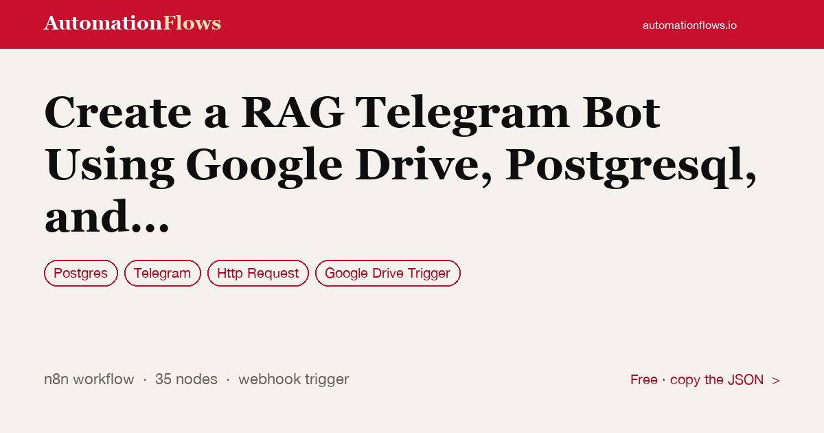 Create a RAG Telegram Bot Using Google Drive, Postgresql, and Local Ollama — n8n workflow card showing Postgres, Telegram, HTTP Request integration