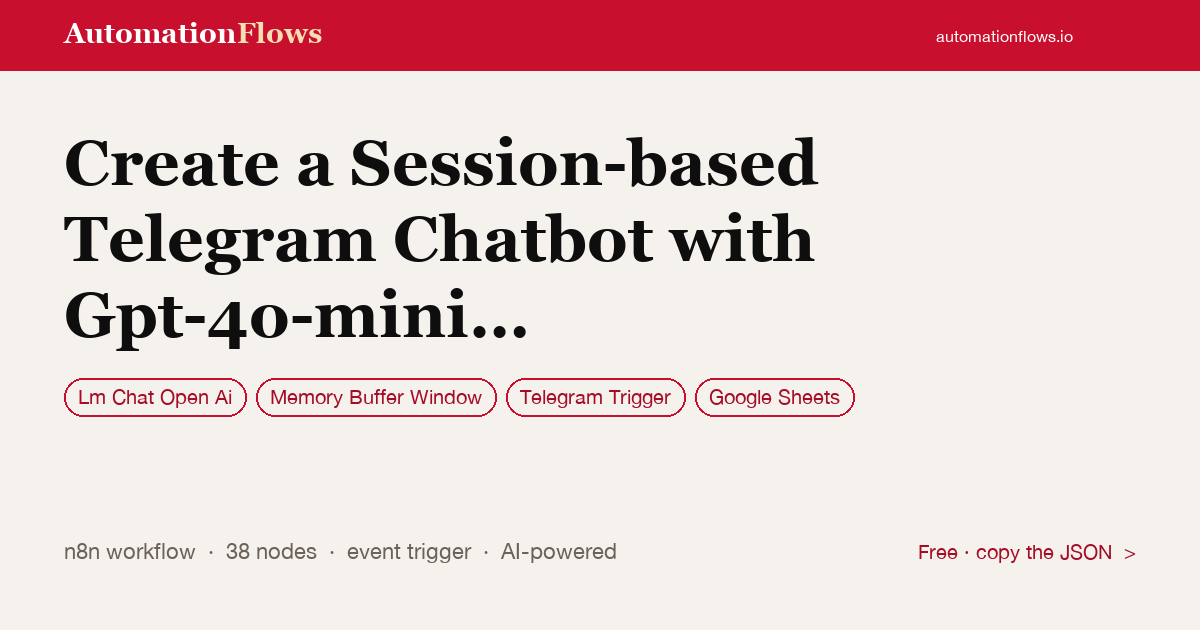 Create a Session-based Telegram Chatbot with Gpt-4o-mini and Google Sheets — n8n workflow card showing OpenAI Chat, Memory Buffer Window, Telegram Trigger integration
