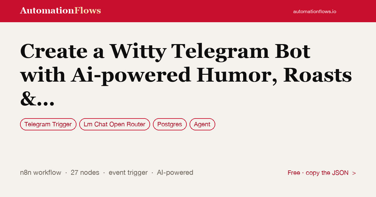 Create a Witty Telegram Bot with Ai-powered Humor, Roasts & Stats Using… — n8n workflow card showing Telegram Trigger, OpenRouter Chat, Postgres integration