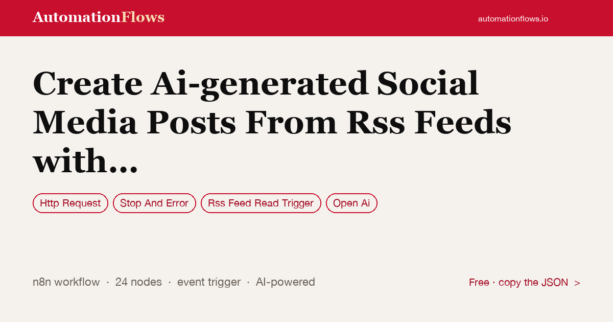 Create Ai-generated Social Media Posts From RSS Feeds with Gpt-5 and Jsoncut — n8n workflow card showing HTTP Request, Stop And Error, Rss Feed Read Trigger integration