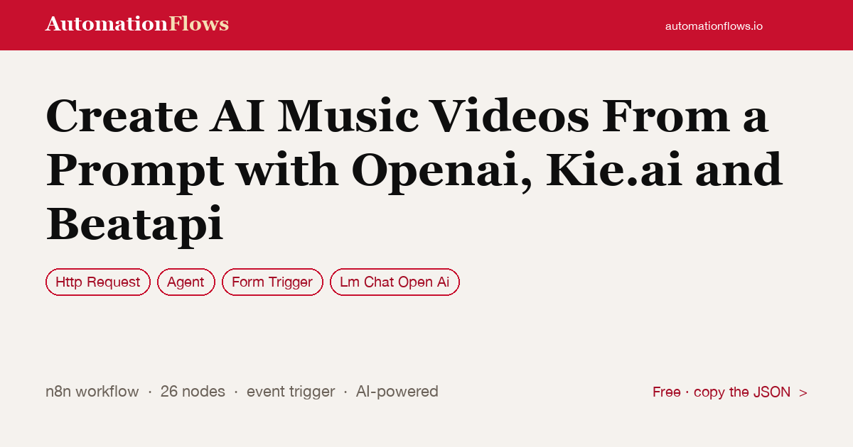 Create AI Music Videos From a Prompt with Openai, Kie.ai and Beatapi — n8n workflow card showing HTTP Request, Agent, Form Trigger integration