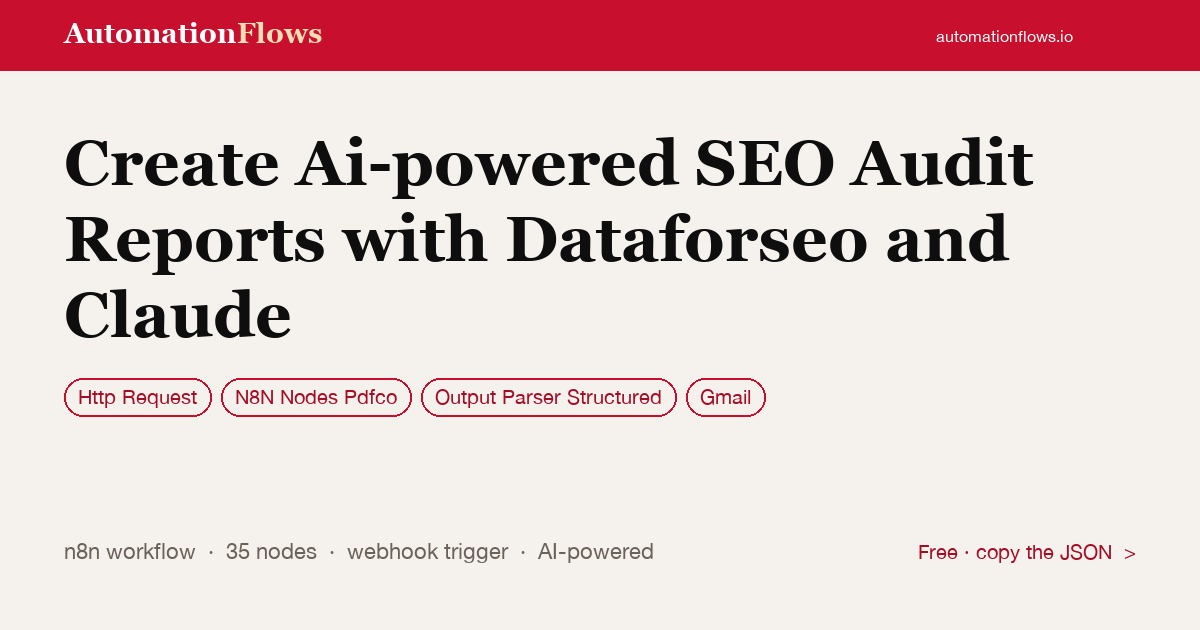 Create Ai-powered SEO Audit Reports with Dataforseo and Claude — n8n workflow card showing HTTP Request, N8N Nodes Pdfco, Output Parser Structured integration