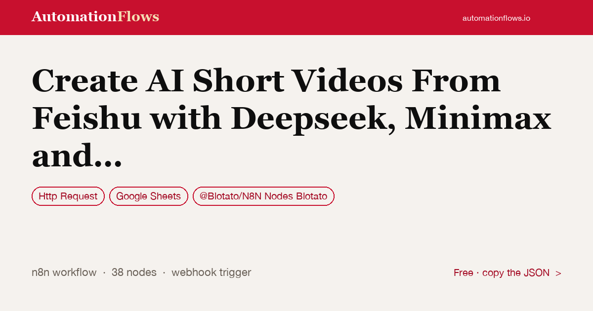 Create AI Short Videos From Feishu with Deepseek, Minimax and Blotato — n8n workflow card showing HTTP Request, Google Sheets, @Blotato/N8N Nodes Blotato integration