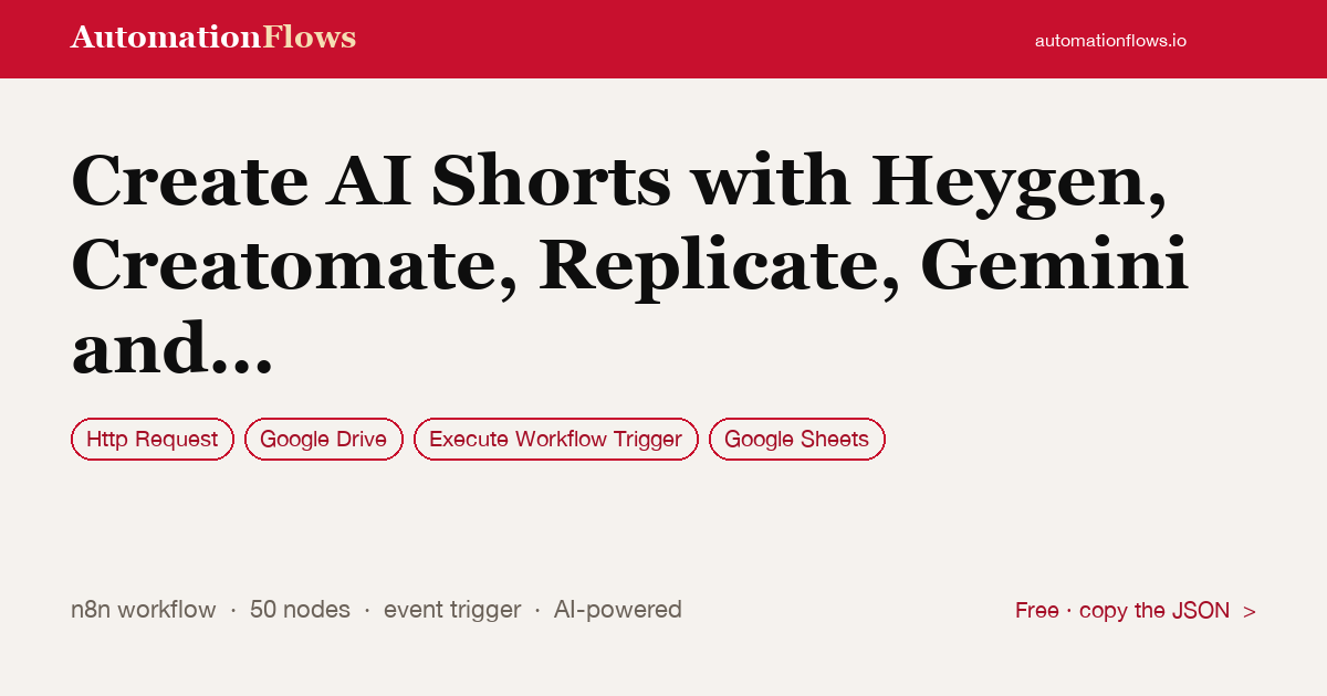 AI YouTube Shorts with HeyGen and Gemini — n8n workflow card showing HTTP Request, Google Drive, Execute Workflow Trigger integration