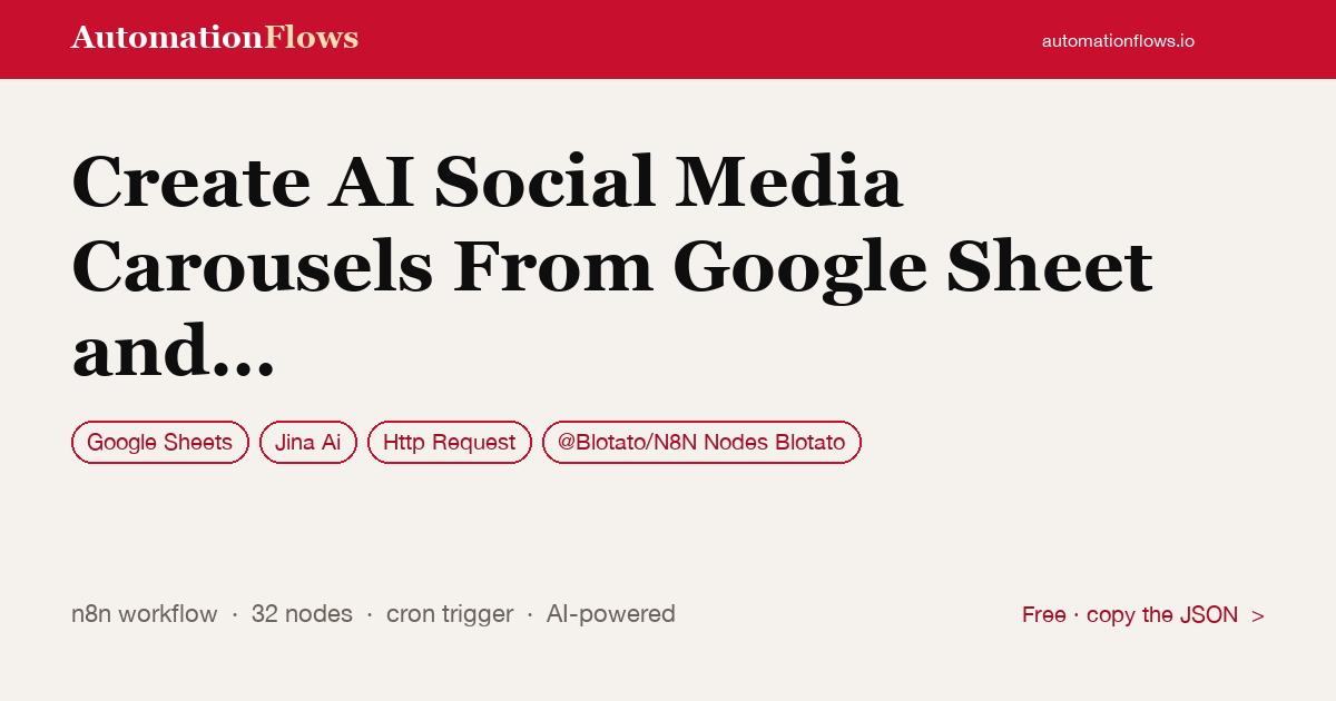 Create AI Social Media Carousels From Google Sheet and Auto-publish with Blotato — n8n workflow card showing Google Sheets, Jina Ai, HTTP Request integration