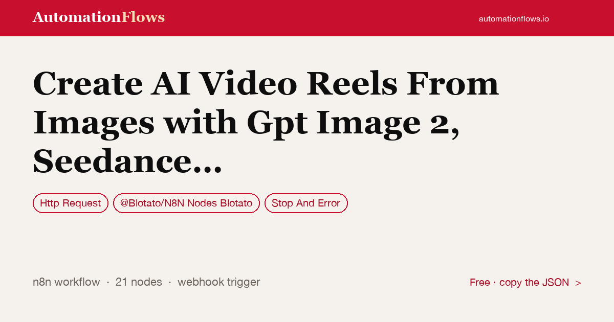 Create AI Video Reels From Images with Gpt Image 2, Seedance and Blotato — n8n workflow card showing HTTP Request, @Blotato/N8N Nodes Blotato, Stop And Error integration