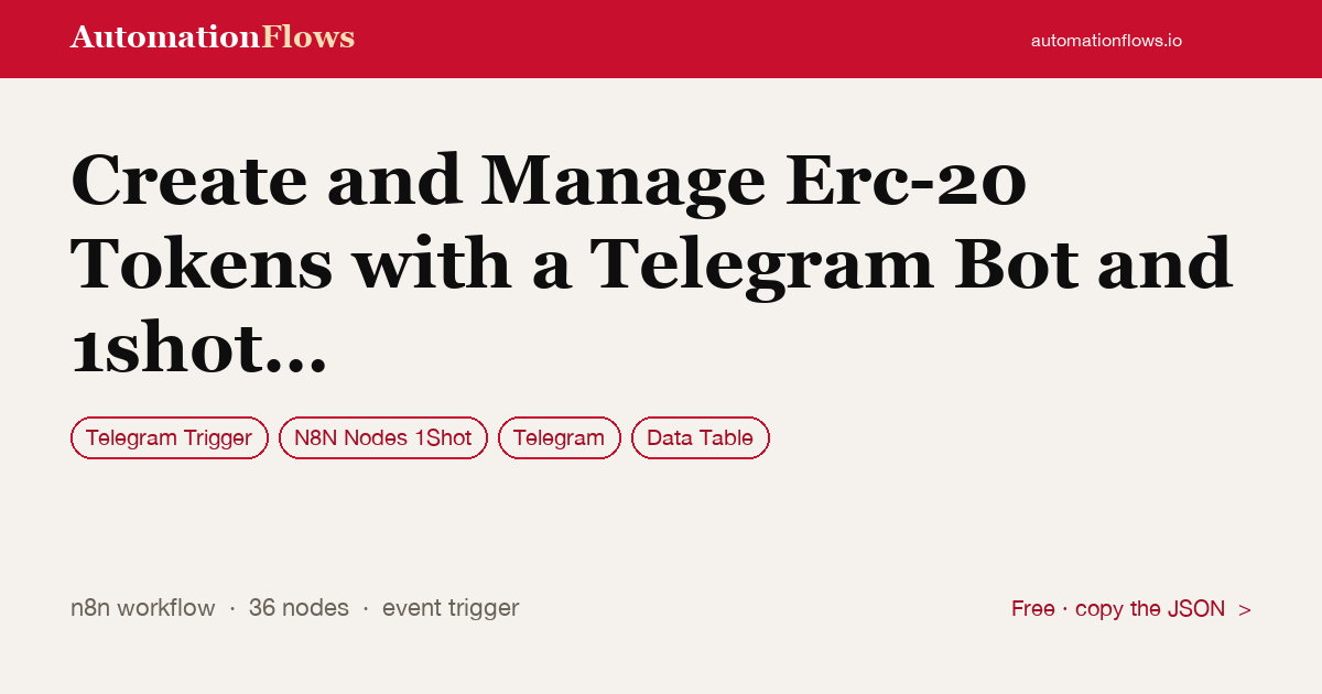 Create and Manage Erc-20 Tokens with a Telegram Bot and 1shot API Wallets — n8n workflow card showing Telegram Trigger, N8N Nodes 1Shot, Telegram integration