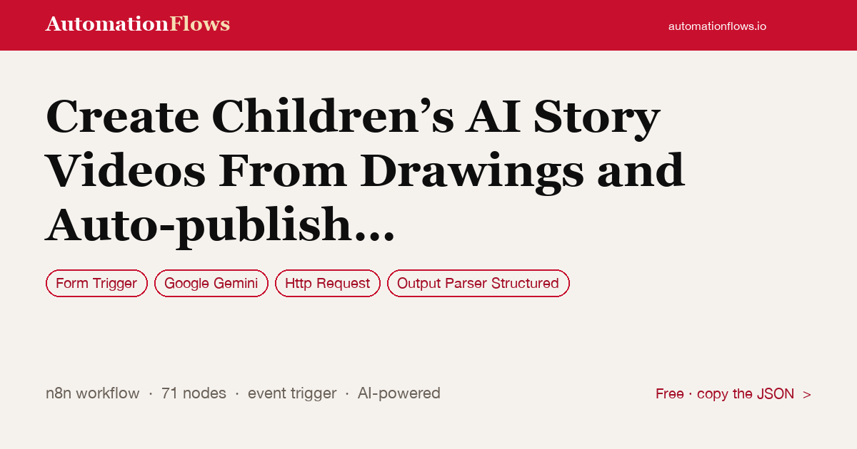 Create Children’s AI Story Videos From Drawings — n8n workflow card showing Form Trigger, Google Gemini, HTTP Request integration