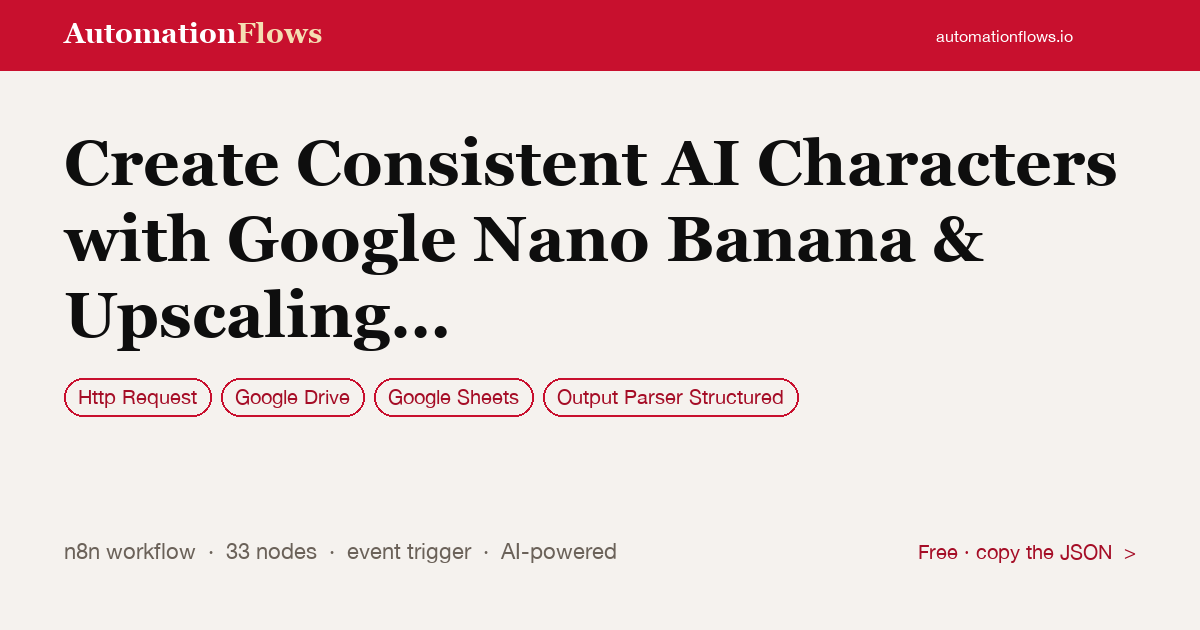 Create Consistent AI Characters with Google Nano Banana & Upscaling via Kie.ai — n8n workflow card showing HTTP Request, Google Drive, Google Sheets integration